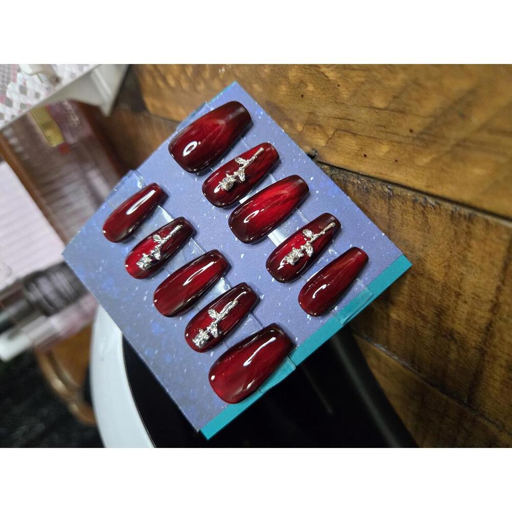 Ruby red cats eye and roses press on nails custom made